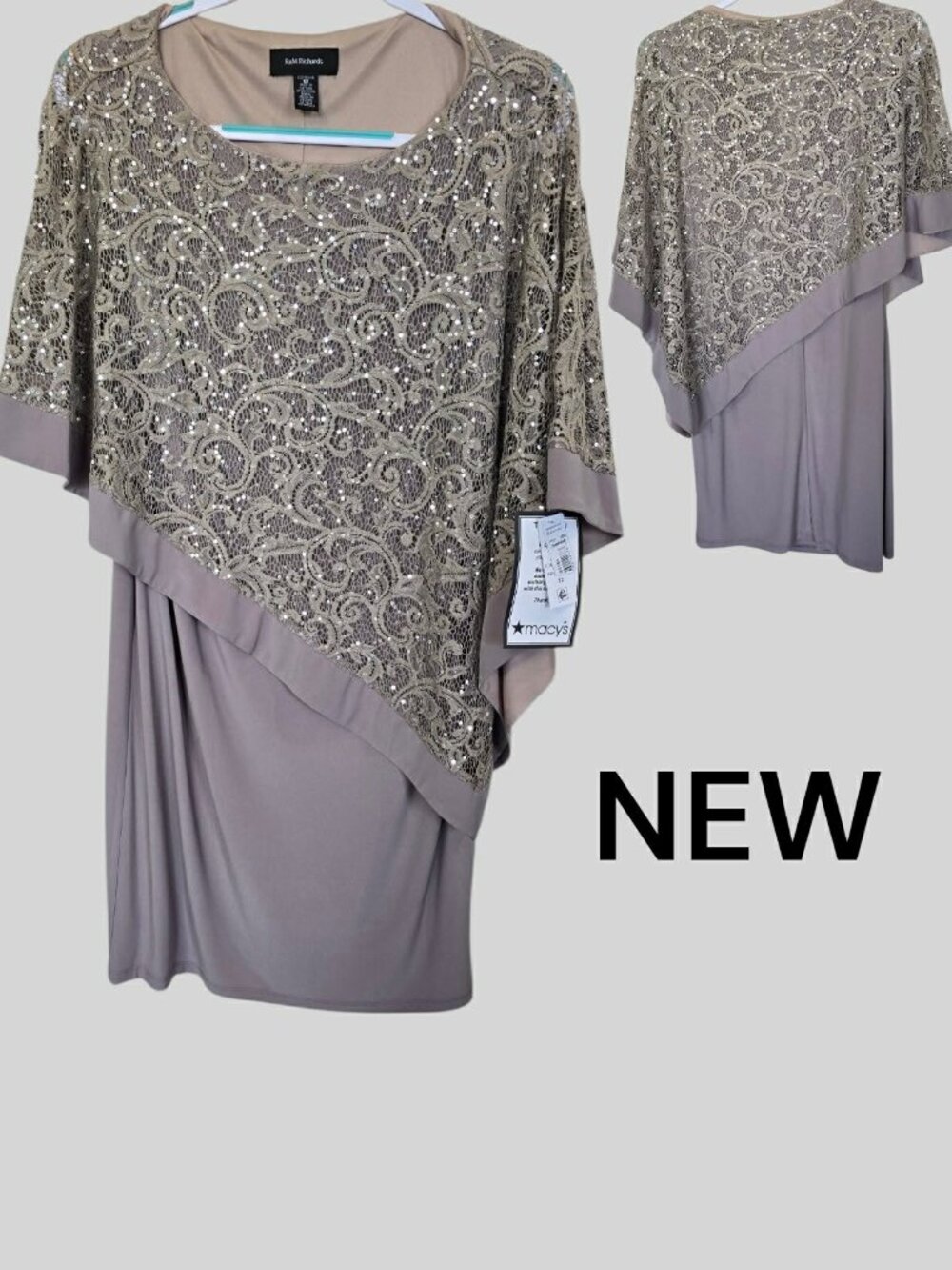 R&M Richards  Embellished Lace Poncho Asymmetircal Sequin Dress Womens 12